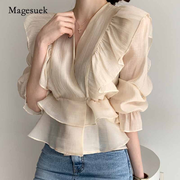 Fashion Vintage Chiffon Blouse Women 2021 New Puff Sleeve Ruffles V-neck Shirt Women Silm Casual Womens Blouses Tops Mujer 10334 0 DailyAlertDeals   