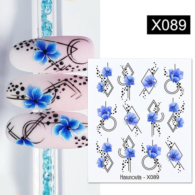 Harunouta Blue Ink Blooming Flowers Nail Water Decals Concise Floral Leaves Slider For Nails Geometric Waves DIY Manicures Tips Nail Stickers DailyAlertDeals X089  