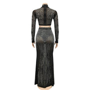 Black Crystal See Through Maxi Skirt Suits Sexy Mesh Long Sleeve Women's Party Outfit Top Clubwear Outfits Maxi Dresses DailyAlertDeals   