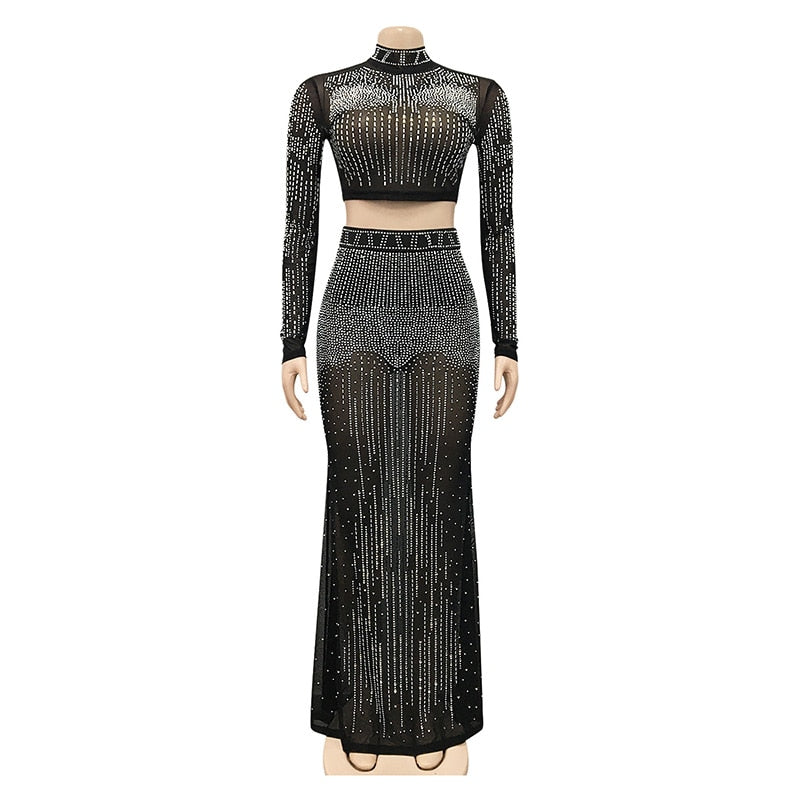 Black Crystal See Through Maxi Skirt Suits Sexy Mesh Long Sleeve Women's Party Outfit Top Clubwear Outfits Maxi Dresses DailyAlertDeals Black S 