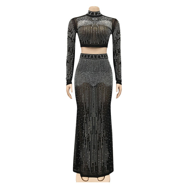 Black Crystal See Through Maxi Skirt Suits Sexy Mesh Long Sleeve Women's Party Outfit Top Clubwear Outfits Maxi Dresses DailyAlertDeals Black S 