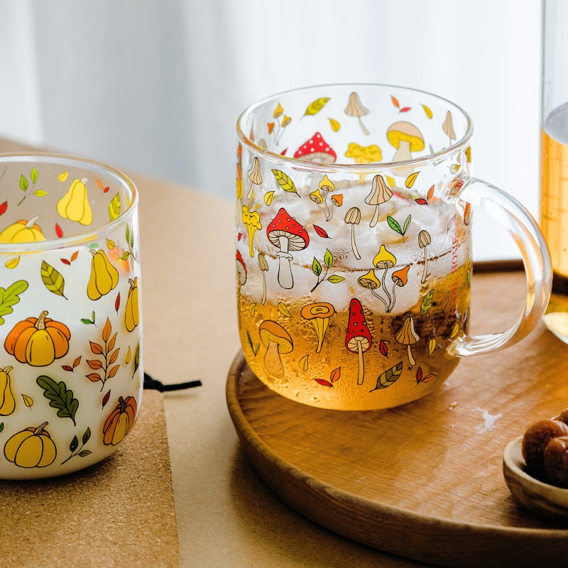 JINYOUJIA Heat-Resistant With Handle Glass Mug Breakfast Milk Cup Cute Office Home Coffee Mugs Lemon Mushroom Pumpkin Pattern 0 DailyAlertDeals   