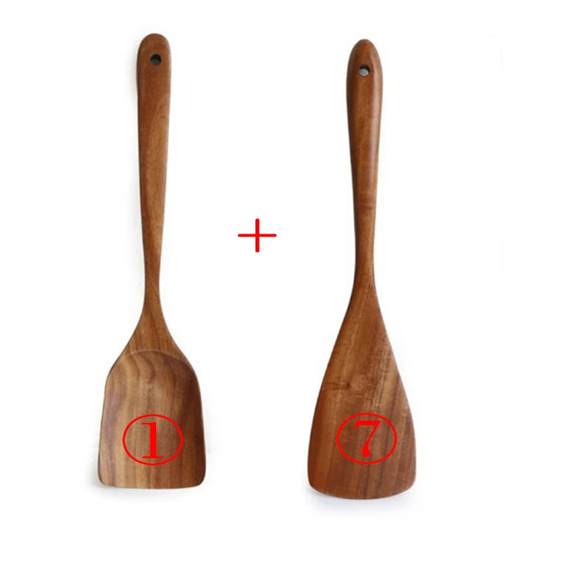 7pcs/set Teak Natural Wood Tableware Spoon Ladle Turner Rice Colander Soup Skimmer Cooking Spoon Scoop Kitchen Reusable Tool Kit 0 DailyAlertDeals 2PC 17  