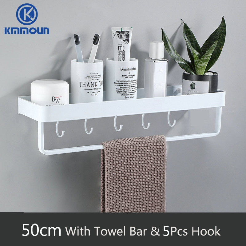 Black / White Bathroom Shelf Shampoo Holder Kitchen Storage Rack Bathroom Hardware Space Aluminum Shower Room Accessory 0 DailyAlertDeals 50cm bar 5hook white China 