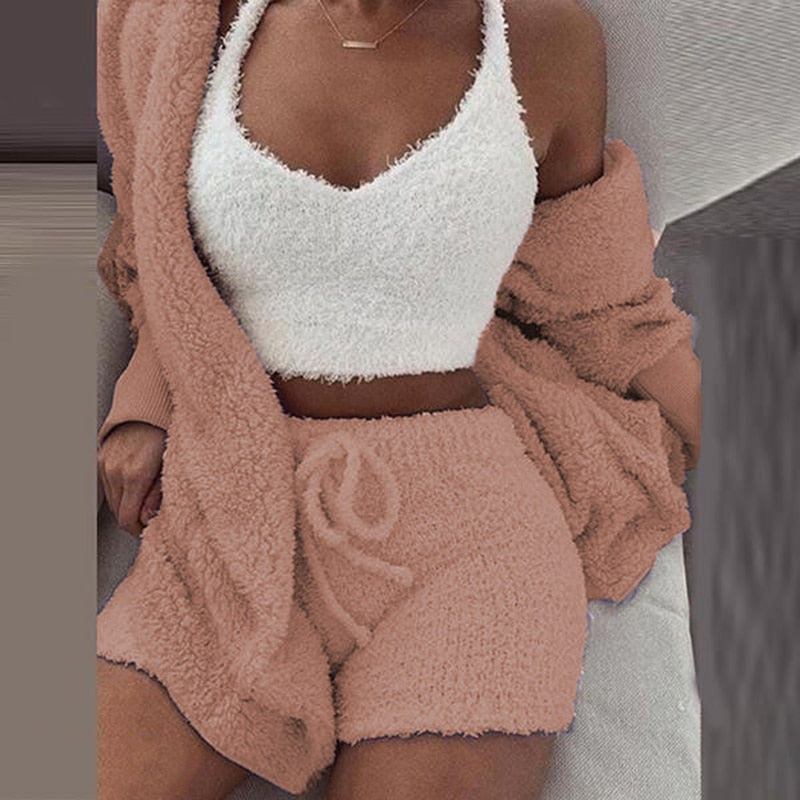 Winter Autumn Three Piece Sexy Fluffy Outfits Plush Velvet Hooded Cardigan Coat+Shorts+Crop Top Women Tracksuit Set Women Outfit 0 DailyAlertDeals   