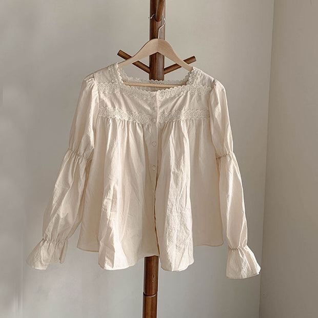 Beige Lace Blouse Vintage Square Collar Women Long Puff Sleeve Shirt Solid Cardigan Sweet Shirt Blusas Clothes Women Tops 11200 0 DailyAlertDeals   