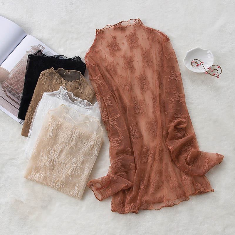 JuneLove Autumn Women Long Sleeve Turtleneck Lace Shirt Sexy Blouse lady Slim Blouse Perspective Mesh female Elastic Shirts Tops 0 DailyAlertDeals   