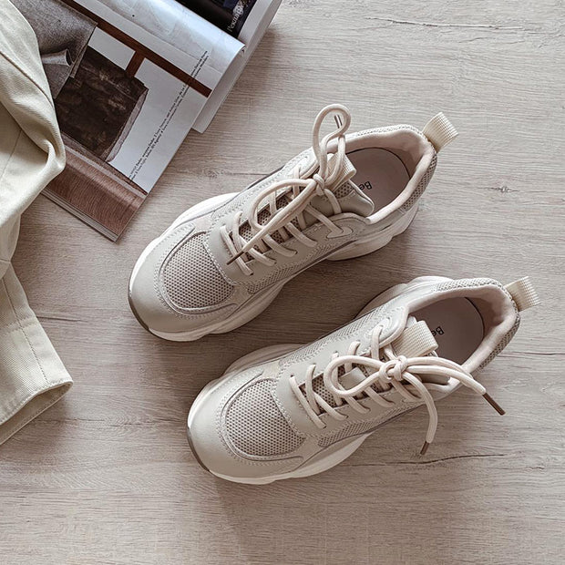 BeauToday Chunky Sneakers Women Mesh Leather Platform Shoes Mixed Colors Lace-Up Lady Trendy Trainers Thick Sole Handmade 29401 0 DailyAlertDeals   