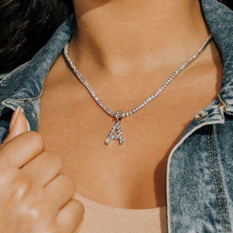 Caraquet Ice out A-Z Letter Initial Pendant Necklace Silver Color Tennis Chain Choker Necklace Female Fashion Statement Jewelry 0 DailyAlertDeals   