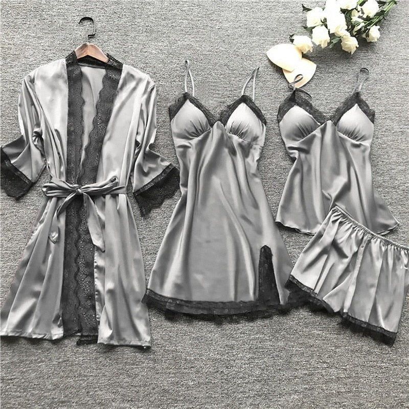 Sleepwear Female 5/4/2PCS Pajamas Set Sexy Satin Wedding Nightwear Rayon Home Wear Nighty Robe Suit  DailyAlertDeals 4PCS gray S 