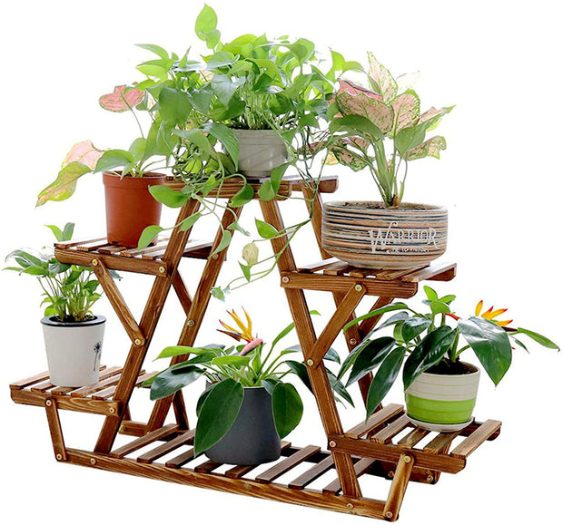 6 Tiered Wood Plant organizer Stand  Indoor Outdoor Carbonized Triangle Corner Plant Rack Wood Plant organizer Stand DailyAlertDeals   