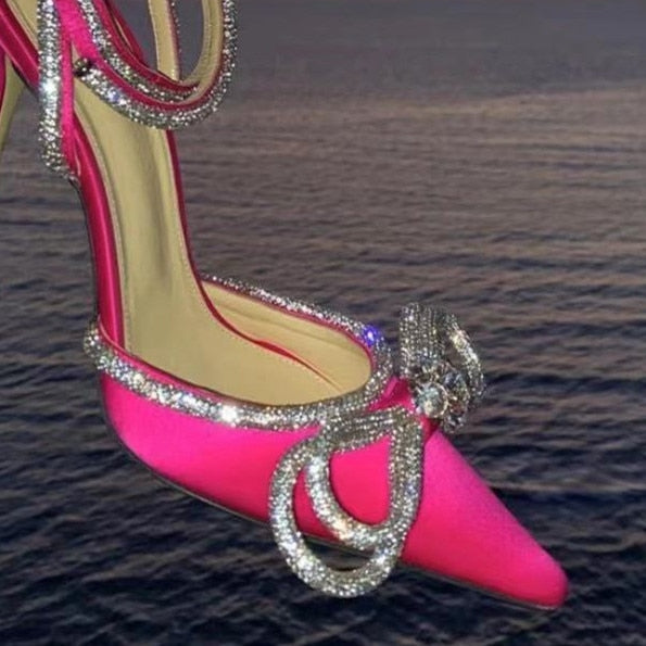 Runway style Glitter Rhinestones Women Pumps Crystal bowknot Satin Summer Lady Shoes Genuine leather High heels Party Prom Shoes High heels shoes DailyAlertDeals Rose 36 