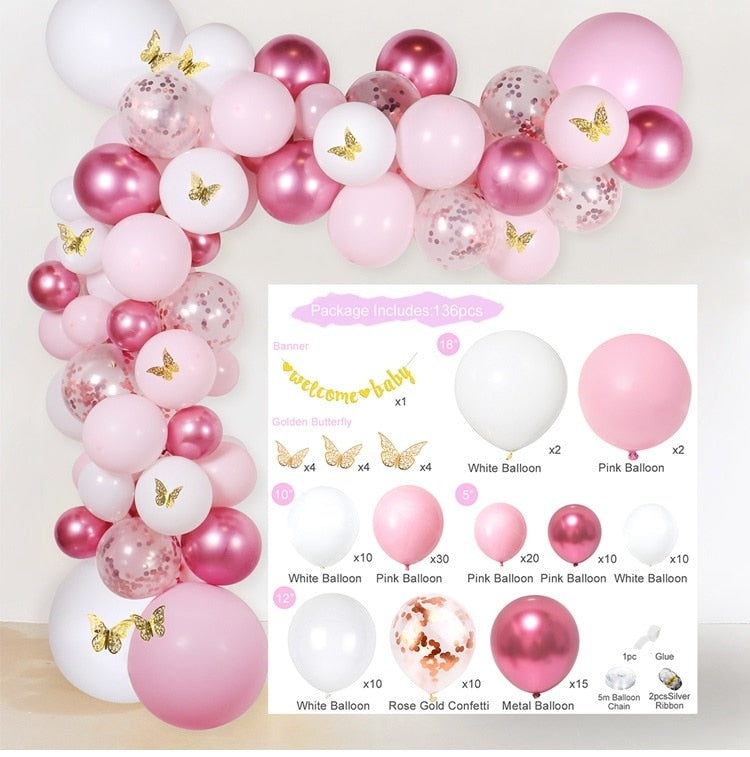Pink Balloon Garland Arch Kit Birthday Party Decorations Kids Birthday Foil White Gold Balloon Wedding Decor Baby Shower Globos Balloons Set for Birthday Parties DailyAlertDeals 24 AS SHOWN 