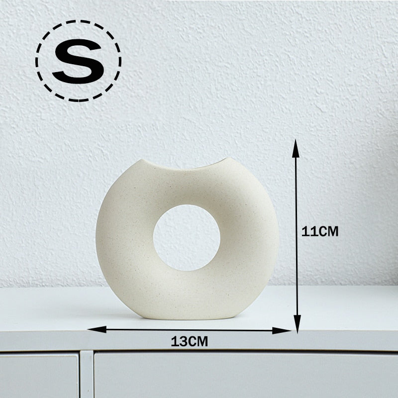 Nordic Modern Ceramic Vases for Decor Circular Hollow Donuts Vases for Flowers Pot Home Living Room Decoration Accessories Interior Office Desktop Decor Gift Vases DailyAlertDeals S - ban yue Mi huang  