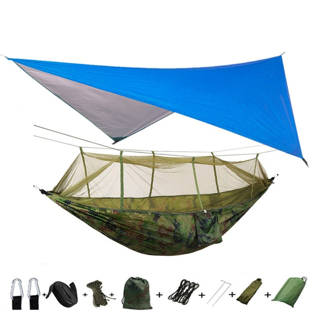 Lightweight Portable Camping Hammock and Tent Awning Rain Fly Tarp Waterproof Mosquito Net Hammock Canopy 210T Nylon Hammocks Camping Hammock and Tent DailyAlertDeals Blue and camouflage  