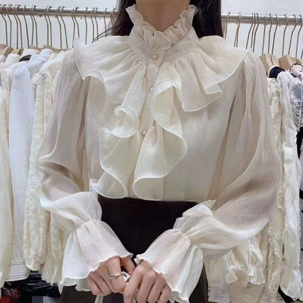 Korean Chic Ruffles Stitching Elegant Blouse Woman Stand Collar Button Chiffon Shirt Long Flare Sleeve Fashion Loose Tops 12946 0 DailyAlertDeals Apricot S 