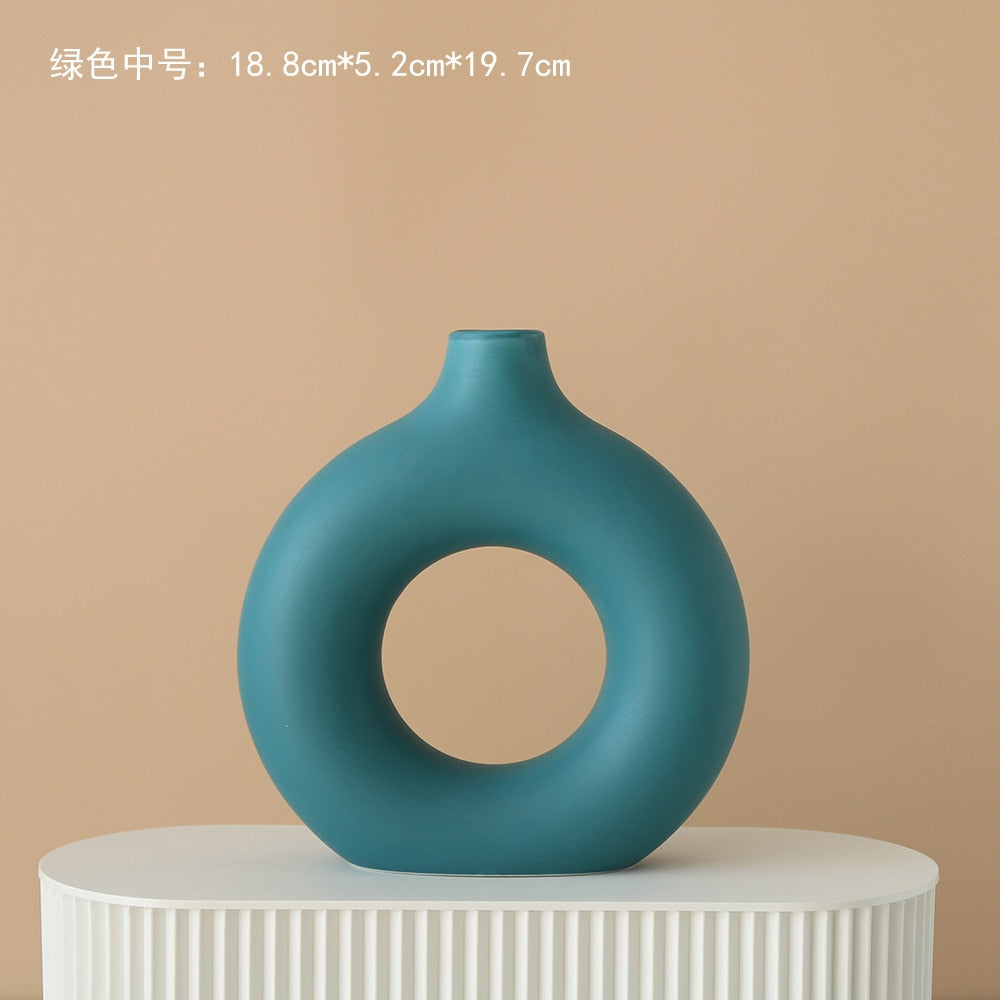 Nordic Modern Ceramic Vases for Decor Circular Hollow Donuts Vases for Flowers Pot Home Living Room Decoration Accessories Interior Office Desktop Decor Gift Vases DailyAlertDeals TTQ-GREEN-M  