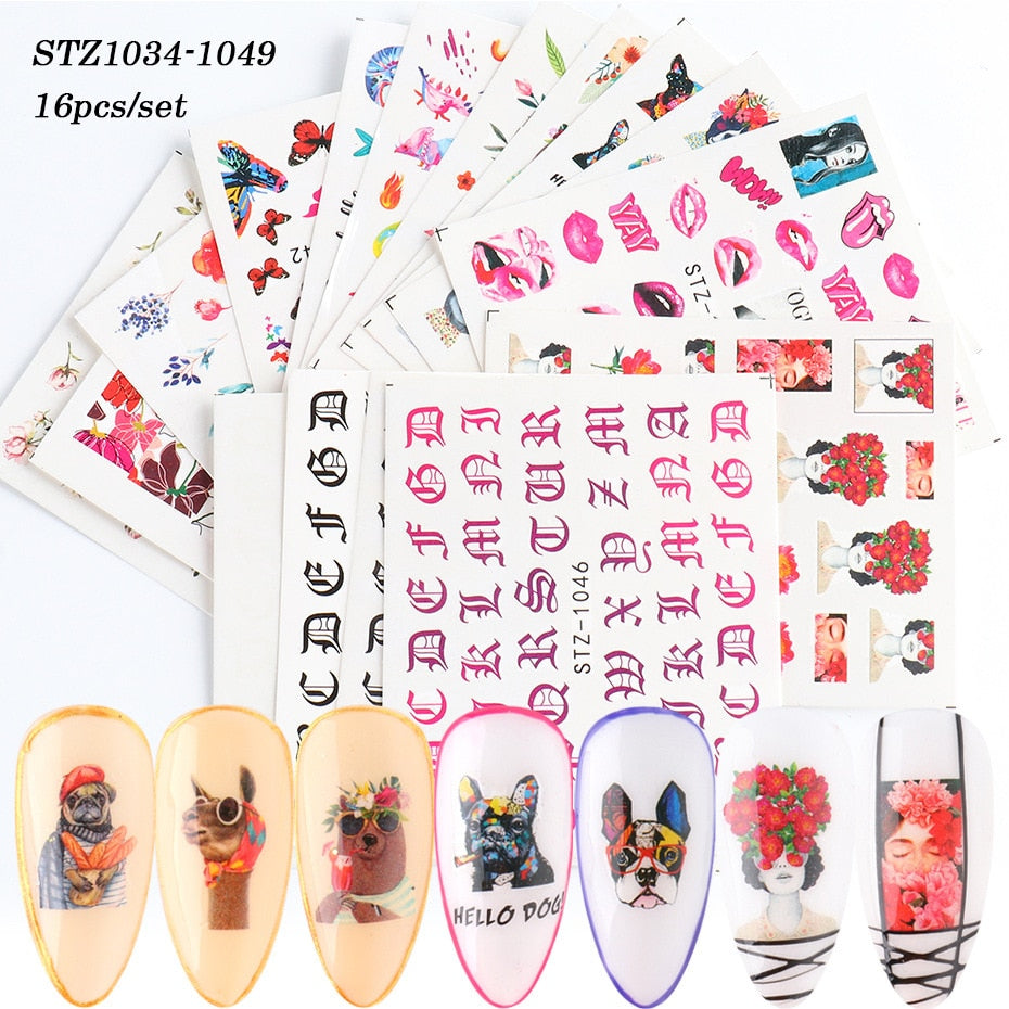 18-50Pcs/Set Mixed Design New Nail Art Sticker Set Black Lace Gold Silver Glitter Flower Water Decal Slider Wraps Decor Manicure Nail Sticker DailyAlertDeals STZ1034-1049(16pcs)  