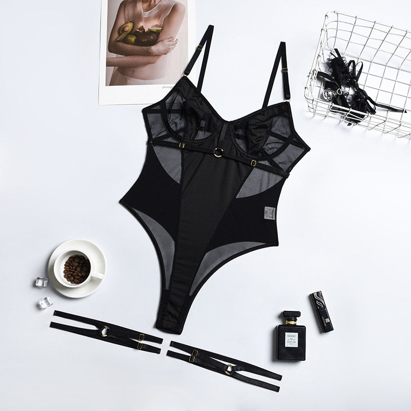 One-piece Backless Erotic Bodysuit Women Black Sexy Nude lingerie Mesh Patchwork nude Lingerie for Women DailyAlertDeals Black S 