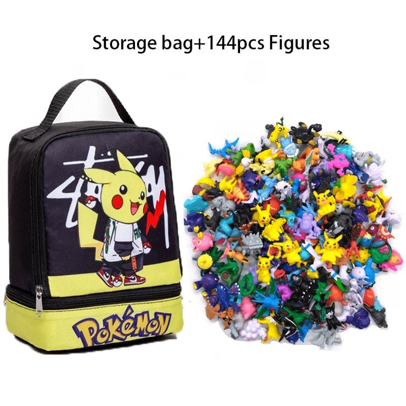 144Pcs/Set Pokemon Anime Figure with Storage Bag Kawaii Pikachu Action Figures Pokeball Dolls for Children Toys Gifts Pokemon Action Figures DailyAlertDeals Black Bag Set 2-3cm figures 