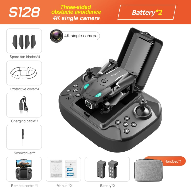 S128 Mini Drone 4K HD Camera Three-sided Obstacle Avoidance Air Pressure Fixed Height Professional Foldable Quadcopter Toys S128 Mini Drone 4K HD Camera DailyAlertDeals Black 4K Bag 2B China 