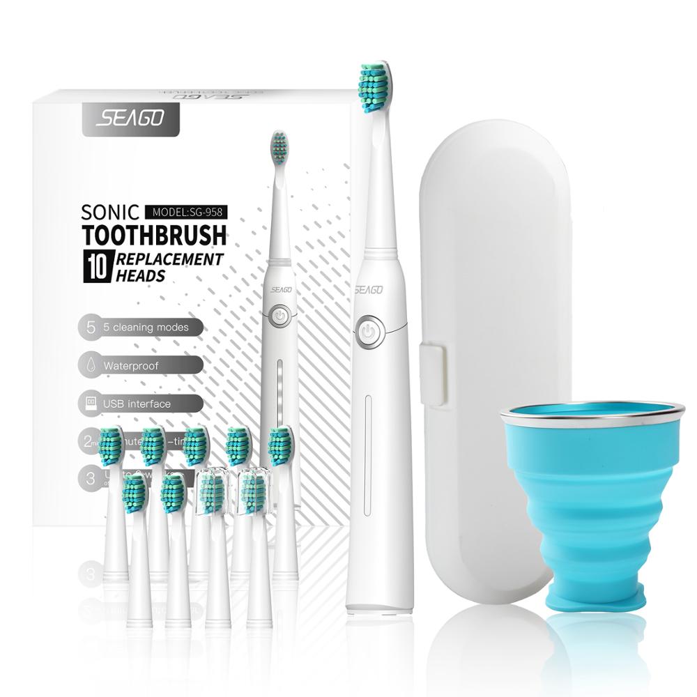 Seago Sonic Electric Toothbrush Tooth brush USB Rechargeable adult Waterproof automatic 5 Mode with Travel case Toothbrushes DailyAlertDeals USA 958bai10st-hezibeizi 