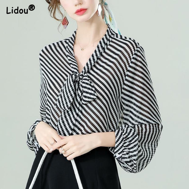 Chiffon Thin Bow V-neck Striped Print Long Sleeve Blouses Pullover Loose Casual Shirts Fashion Popularity Wild Women&#39;s Clothing 0 DailyAlertDeals Black S 