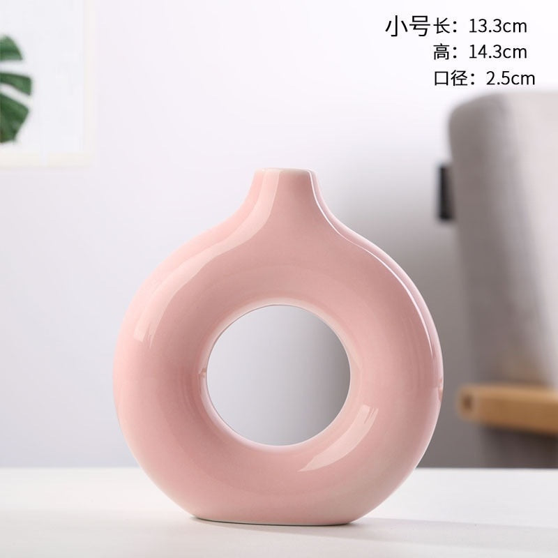 Nordic Modern Ceramic Vases for Decor Circular Hollow Donuts Vases for Flowers Pot Home Living Room Decoration Accessories Interior Office Desktop Decor Gift Vases DailyAlertDeals TTQ-PINK-S  