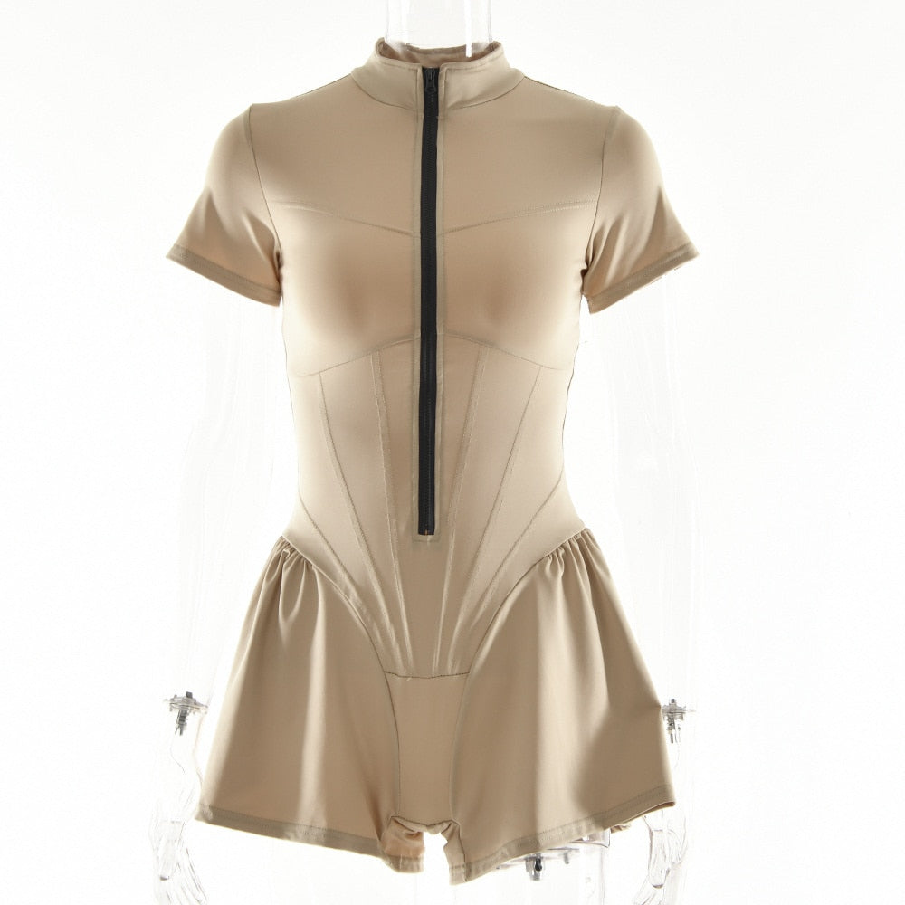 Sexy Bodycon Playsuit Women Jumpsuit O Neck Short Sleeve Zipper Bodysuit Female Elegant Slim Playsuits Rompers Zipper Bodysuit DailyAlertDeals Apricot S 