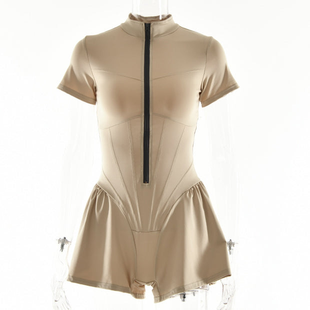 Sexy Bodycon Playsuit Women Jumpsuit O Neck Short Sleeve Zipper Bodysuit Female Elegant Slim Playsuits Rompers Zipper Bodysuit DailyAlertDeals Apricot S 