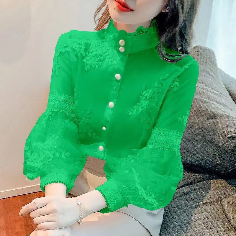 Lace Embroidered White Blouse Women Sweet Tops Stand Collar Elegant Chiffon Shirts Lantern Sleeve Vintage Blouses Women 21518 0 DailyAlertDeals Green S 
