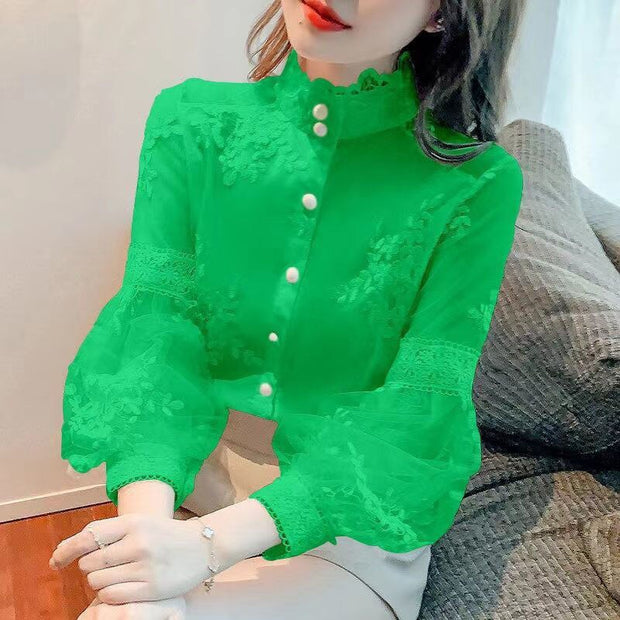 Lace Embroidered White Blouse Women Sweet Tops Stand Collar Elegant Chiffon Shirts Lantern Sleeve Vintage Blouses Women 21518 0 DailyAlertDeals Green S 