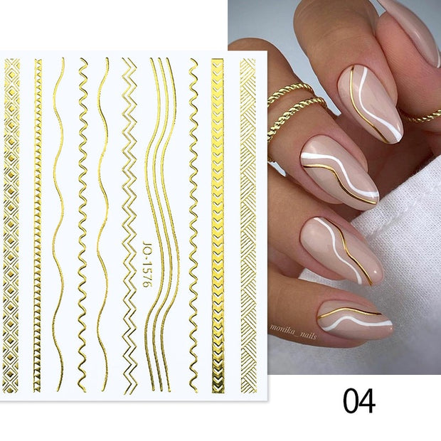 French 3D Nail Decals Stickers Stripe Line French Tips Transfer Nail Art Manicure Decoration Gold Reflective Glitter Stickers nail art DailyAlertDeals A04  