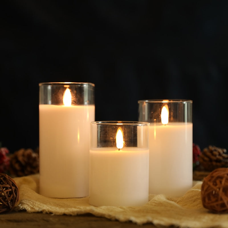 3Pcs Glass Wax Flameless Candles 3D Effect LED Candles White Wax Battery Candles with 8-Key Remote Control Home Decor Candles DailyAlertDeals   