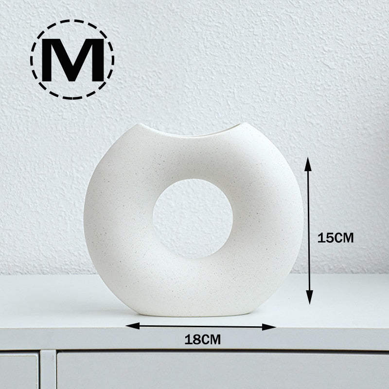 Nordic Modern Ceramic Vases for Decor Circular Hollow Donuts Vases for Flowers Pot Home Living Room Decoration Accessories Interior Office Desktop Decor Gift Vases DailyAlertDeals M - ban yue Bai  