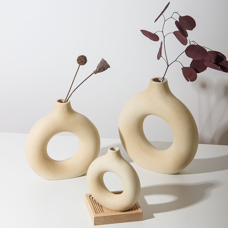 Nordic Modern Ceramic Vases for Decor Circular Hollow Donuts Vases for Flowers Pot Home Living Room Decoration Accessories Interior Office Desktop Decor Gift Vases DailyAlertDeals   