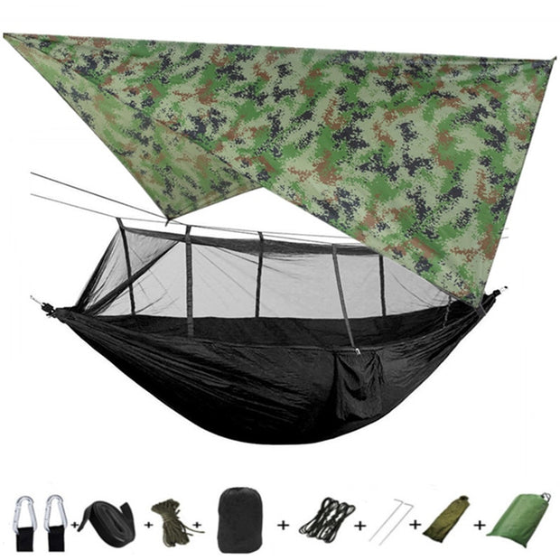 Lightweight Portable Camping Hammock and Tent Awning Rain Fly Tarp Waterproof Mosquito Net Hammock Canopy 210T Nylon Hammocks Camping Hammock and Tent DailyAlertDeals camouflage and black  