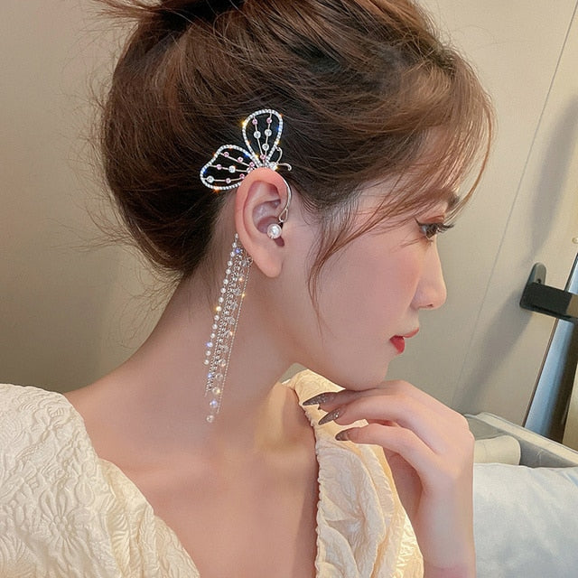Shining Zircon Butterfly Ear Cuff Earrings for Women Girls Fashion 1pc Non Piercing Ear Clip Ear-hook Party Wedding Jewelry Gift 0 DailyAlertDeals F right ear silver  