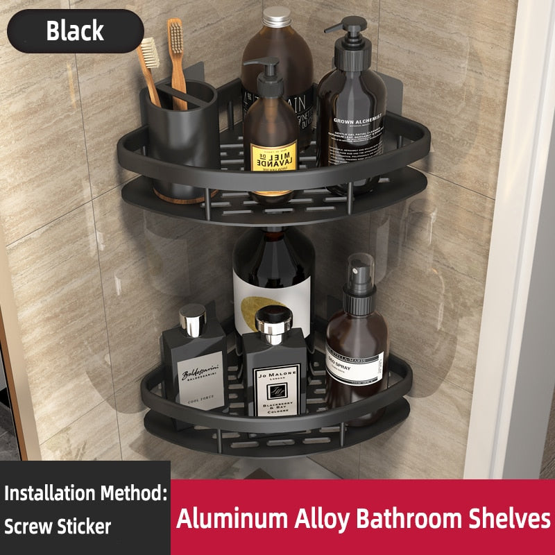Bathroom Shelf Makeup Storage Organizer Aluminum Alloy Shampoo Rack Shower Shelf Bathroom Accessories No Drill Wall Shelf Corner Wall Shelves DailyAlertDeals Black 2Triangle China 
