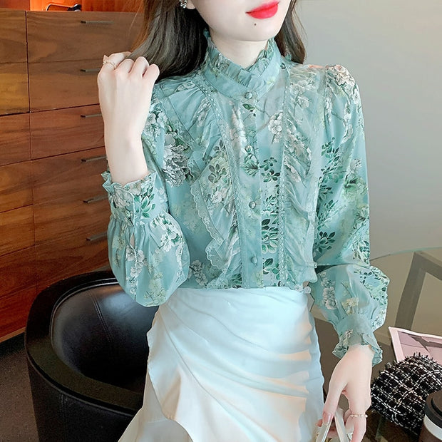 Floral Printed Elegant Blouse Women 2022 Fashion Long Sleeve Ruffle Lace Shirt Women Stand Collar Vintage Lady Blouses Top 18757 0 DailyAlertDeals   