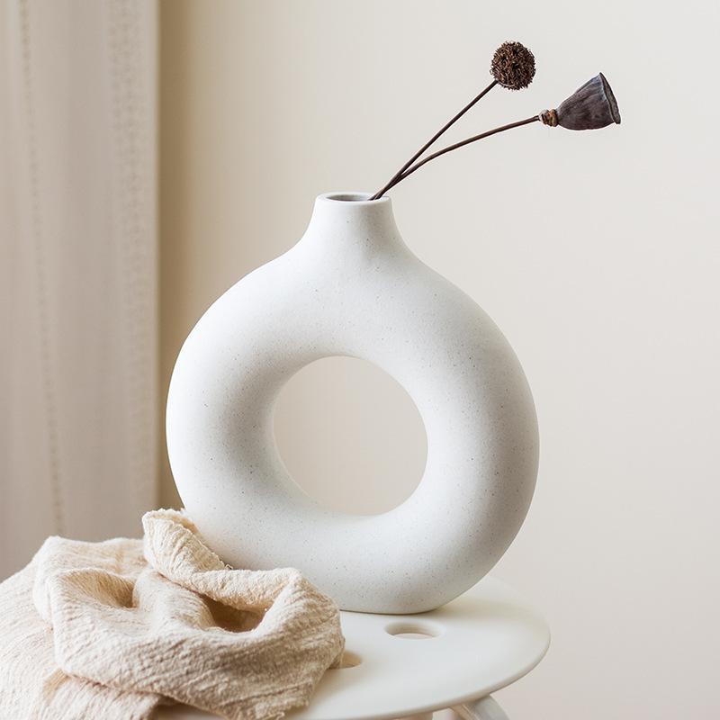 Nordic Vase Circular Hollow Ceramic Donuts Flower Pot Home Living Room Decoration Accessories Interior Office Desktop Decor Gift Vases DailyAlertDeals   
