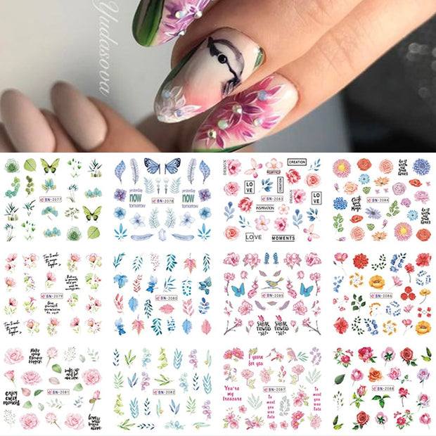 12 Designs Nail Stickers Set Mixed Floral Geometric Nail Art Water Transfer Decals Sliders Flower Leaves Manicures Decoration 0 DailyAlertDeals 49  