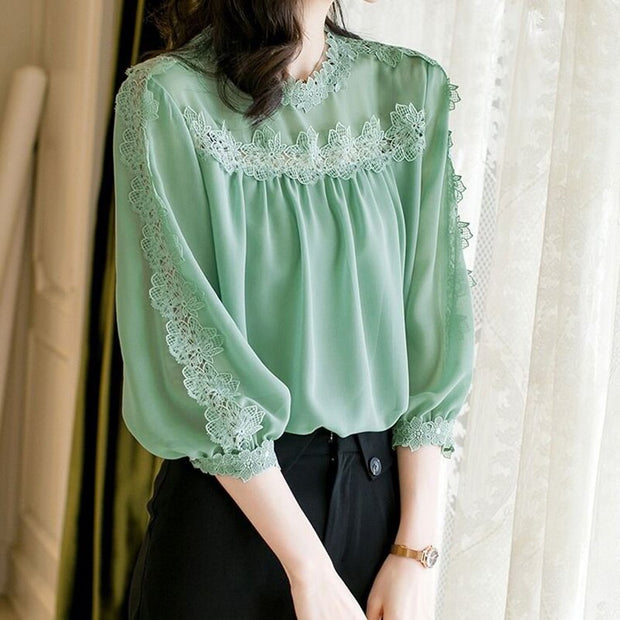 Elegant O-Neck Spliced Chiffon Hollow Out Lace Blouse Women&#39;s Clothing 2022 New Casual Pullovers Commute Lantern Sleeve Shirt 0 DailyAlertDeals   