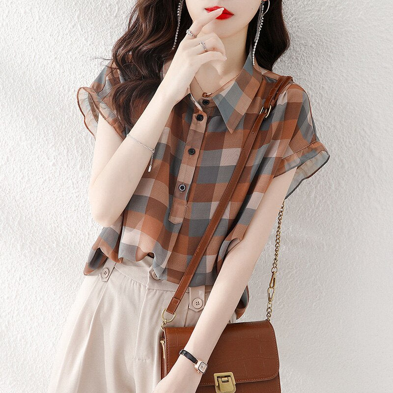 Fashion Plaid Printed Lapel Button Short Sleeve Chiffon Blouse Summer Plus Size Commute Tops Loose Casual Women Clothing Shirt 0 DailyAlertDeals   