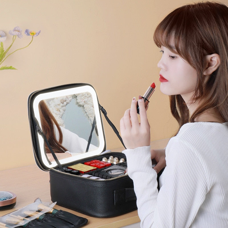 Smart LED Cosmetic Case with Mirror Cosmetic Bag Large Capacity Fashion Portable Storage Bag Travel Makeup Bags for Women makeup bag with mirror light DailyAlertDeals   
