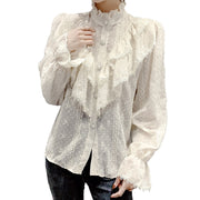 Korean Style Stand Collar Pleated Tops Fashion Ruffle Stitching Elegant Lace Blouse Long Sleeve Loose Chiffon Shirt Blusas 15832 0 DailyAlertDeals   