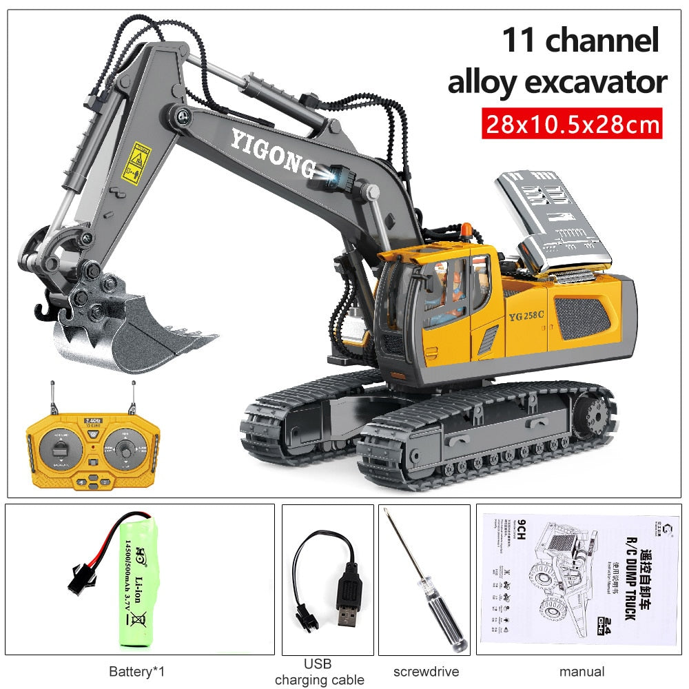 2.4G High Tech 11 Channels RC Excavator Dump Trucks Bulldozer Alloy Plastic Engineering Vehicle Electronic Toys For Boy Gifts RC Excavator Dump Trucks Bulldozer toy for children DailyAlertDeals BC1043 Orange 1B China 