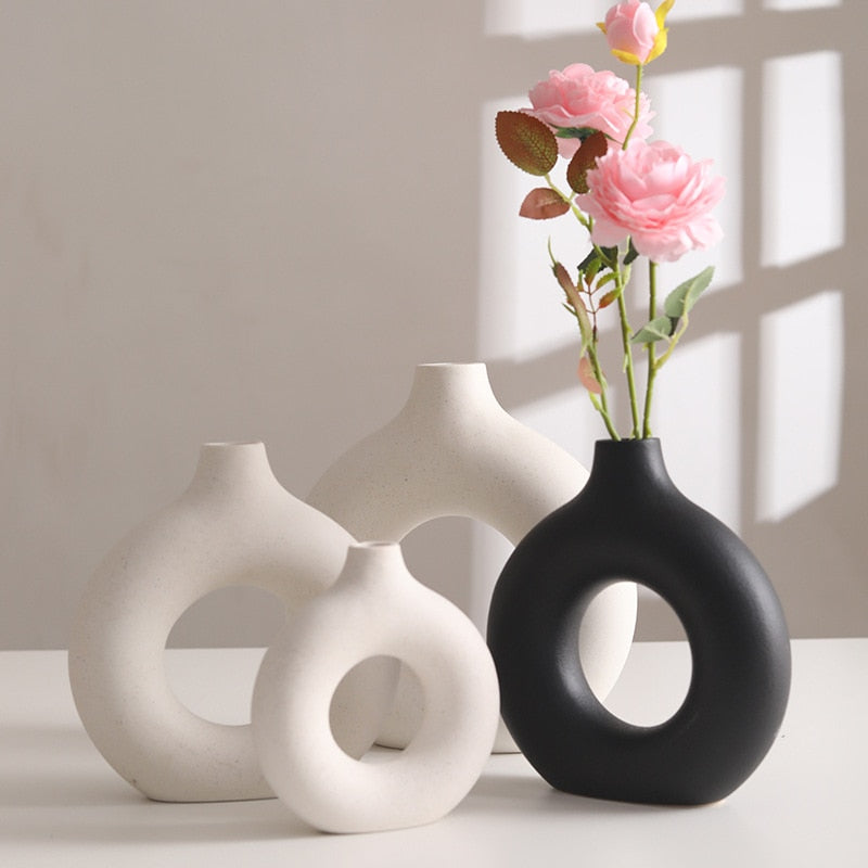 Nordic Vase Circular Hollow Ceramic Donuts Flower Pot Home Living Room Decoration Accessories Interior Office Desktop Decor Gift Vases DailyAlertDeals   