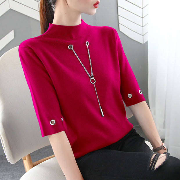 Fashion Causal Sequined Pendant O Neck Half Sleeve T Shirt Women Summer Solid Color Skinny Clothing Simple Free Shipping Tops 0 DailyAlertDeals Red S 