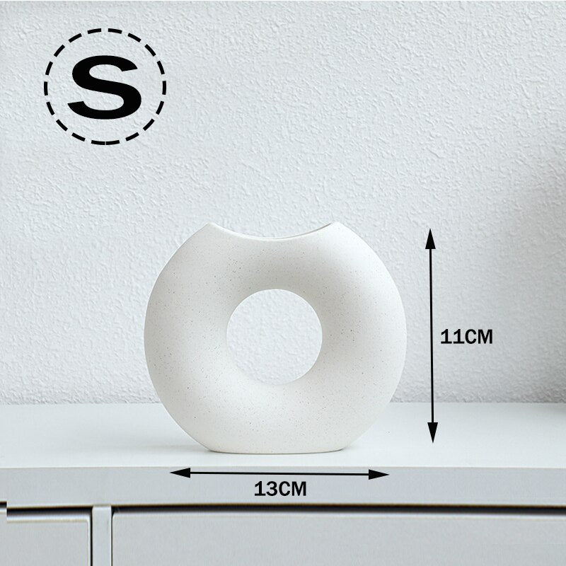 Nordic Vase Circular Hollow Ceramic Donuts Flower Pot Home Living Room Decoration Accessories Interior Office Desktop Decor Gift Vases DailyAlertDeals ban yue bai S  